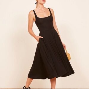 Reformation Black Stretchy Soft Midi Dress with Tie in Back